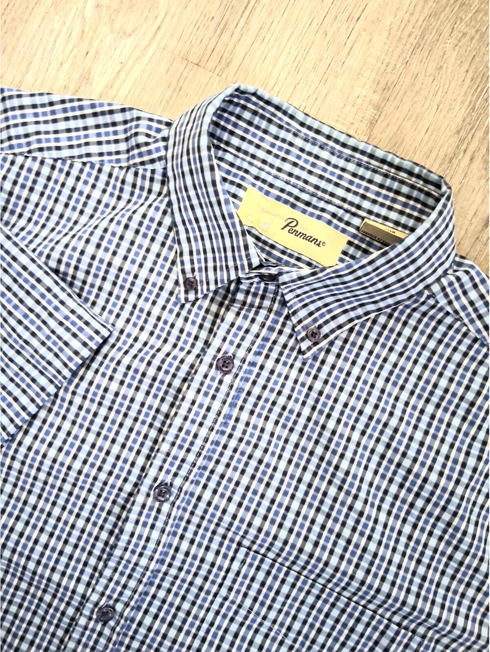 Penmans Men's Medium Blue Plaid Cotton Blend Button Down Casual Short Sleeve Shi